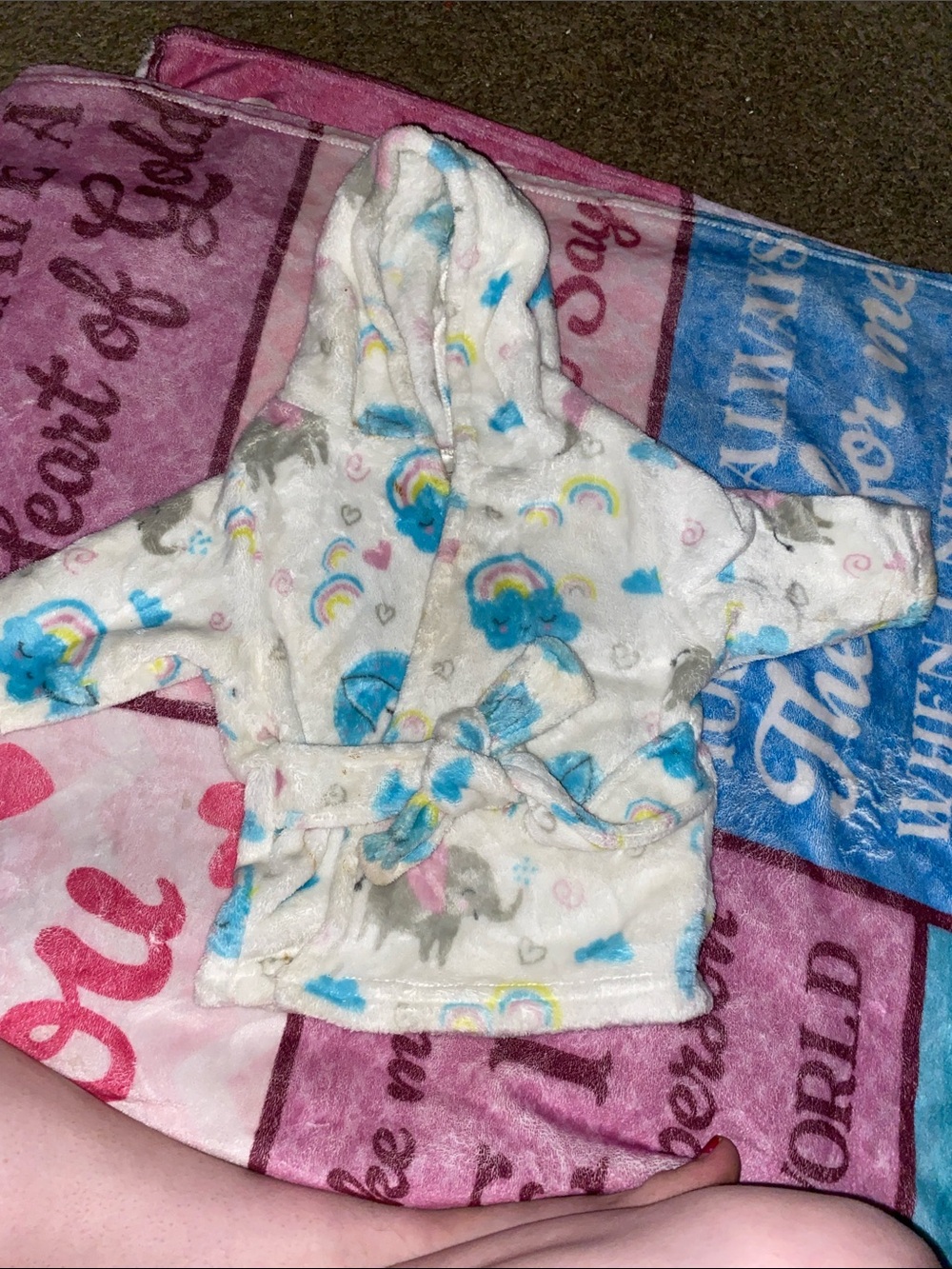 Plush Hooded Kids Bathrobe with Blue Unicorn & Rainbow Print - Unbranded